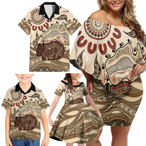 Australia Wombat Family Matching Off Shoulder Short Dress and Hawaiian Shirt Aussie Map Aboriginal Pattern