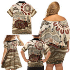 Australia Wombat Family Matching Off Shoulder Short Dress and Hawaiian Shirt Aussie Map Aboriginal Pattern