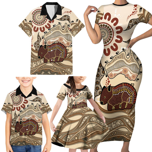 Australia Wombat Family Matching Short Sleeve Bodycon Dress and Hawaiian Shirt Aussie Map Aboriginal Pattern
