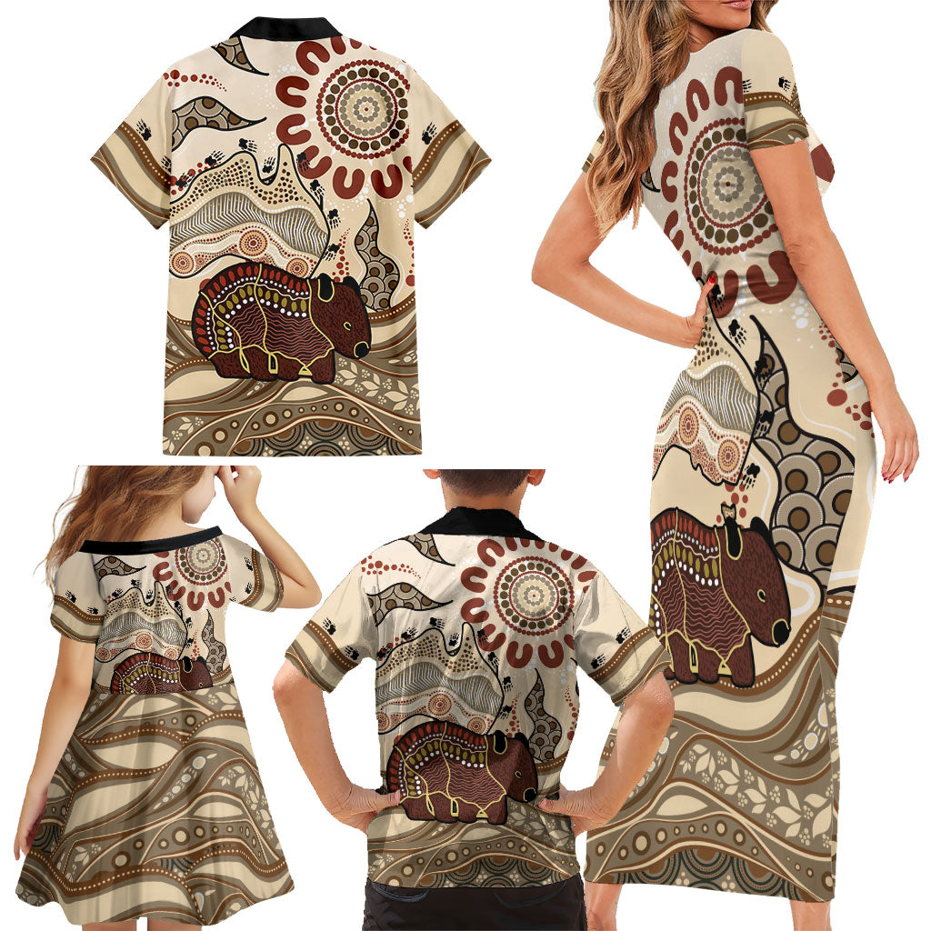 Australia Wombat Family Matching Short Sleeve Bodycon Dress and Hawaiian Shirt Aussie Map Aboriginal Pattern