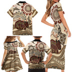 Australia Wombat Family Matching Short Sleeve Bodycon Dress and Hawaiian Shirt Aussie Map Aboriginal Pattern