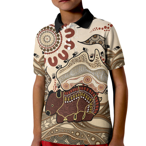 Australia Wombat Kid Polo Shirt Aussie Map Aboriginal Pattern