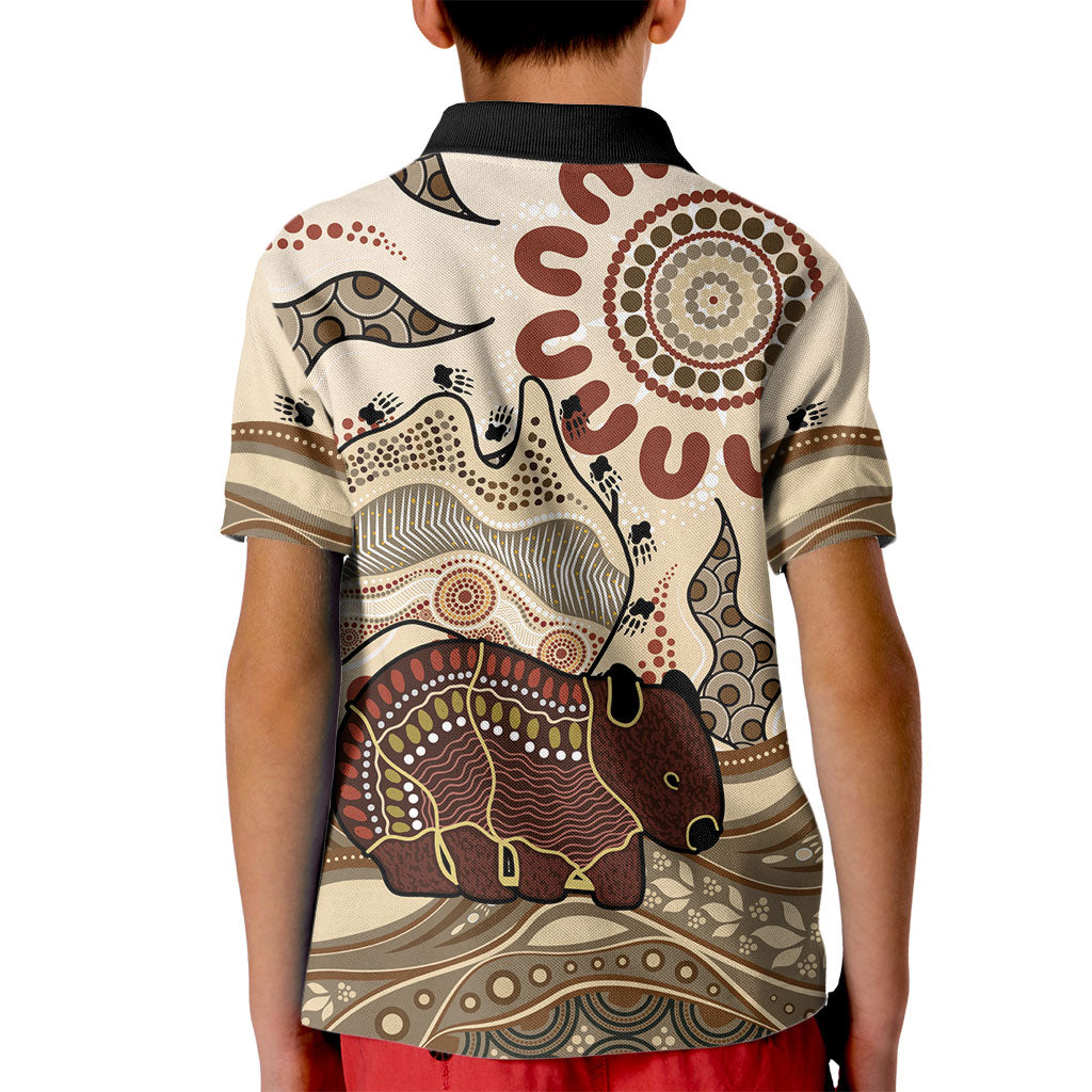 Australia Wombat Kid Polo Shirt Aussie Map Aboriginal Pattern