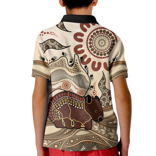 Australia Wombat Kid Polo Shirt Aussie Map Aboriginal Pattern