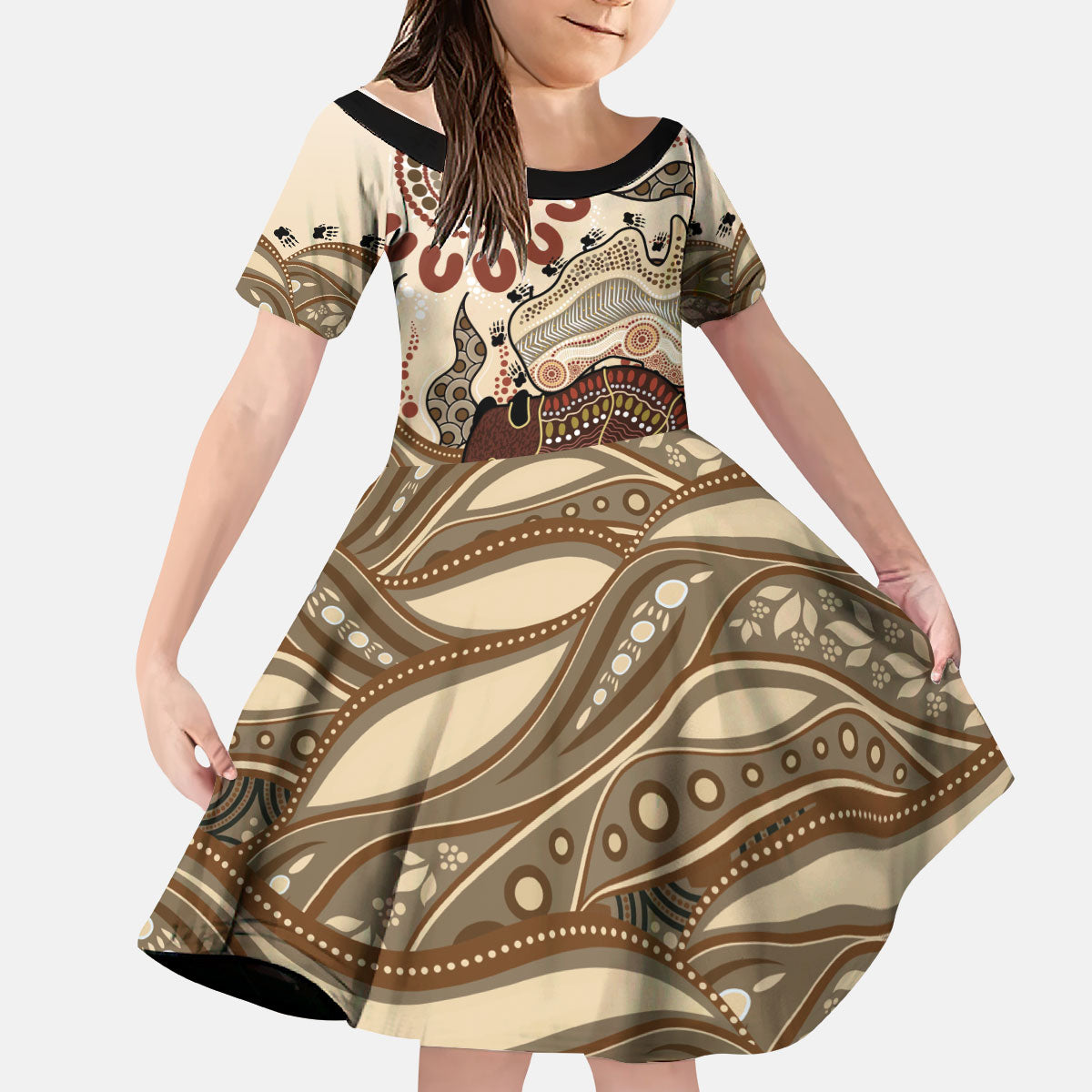 Australia Wombat Kid Short Sleeve Dress Aussie Map Aboriginal Pattern