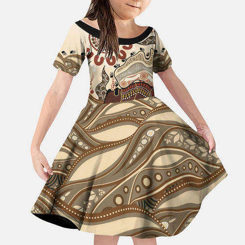 Australia Wombat Kid Short Sleeve Dress Aussie Map Aboriginal Pattern
