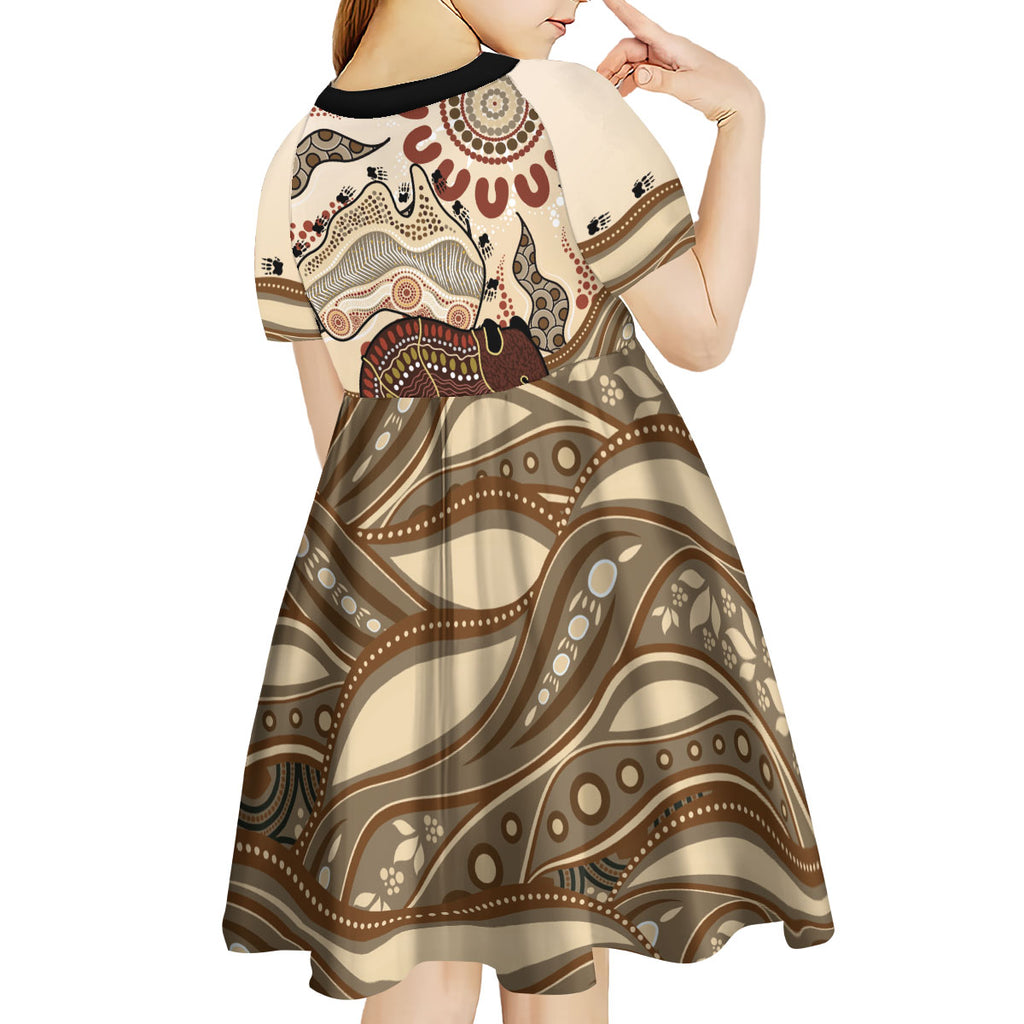 Australia Wombat Kid Short Sleeve Dress Aussie Map Aboriginal Pattern
