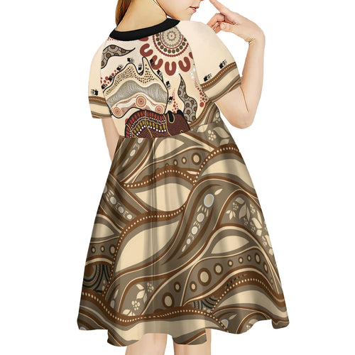 Australia Wombat Kid Short Sleeve Dress Aussie Map Aboriginal Pattern
