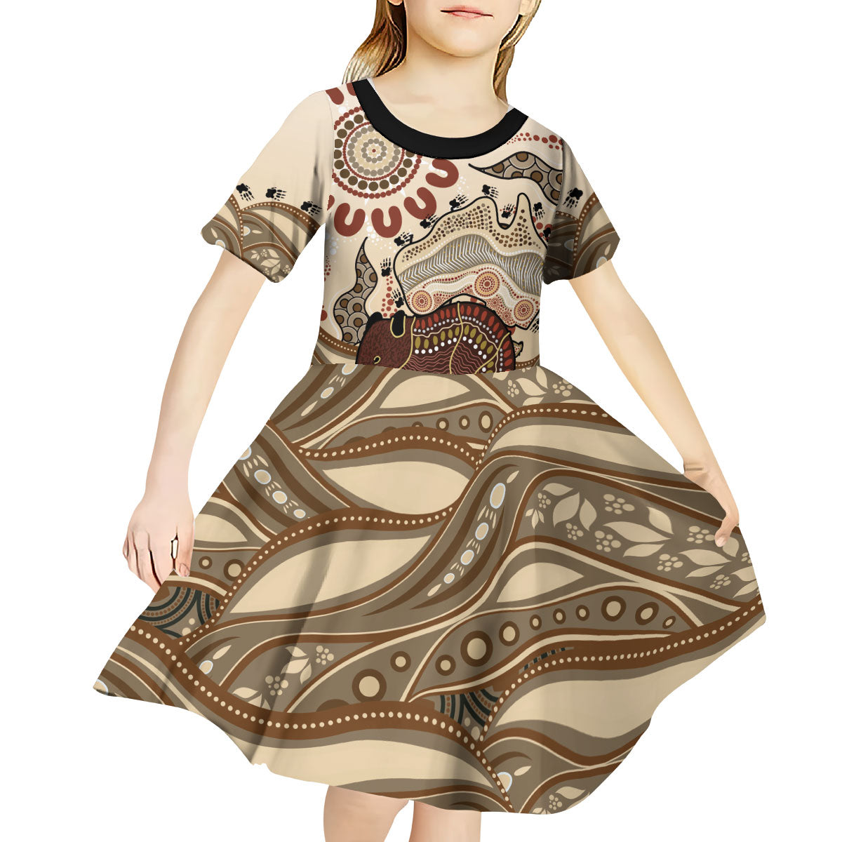 Australia Wombat Kid Short Sleeve Dress Aussie Map Aboriginal Pattern