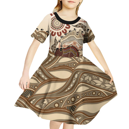 Australia Wombat Kid Short Sleeve Dress Aussie Map Aboriginal Pattern
