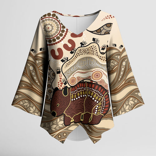 Australia Wombat Kimono Sleeve Blouse Aussie Map Aboriginal Pattern