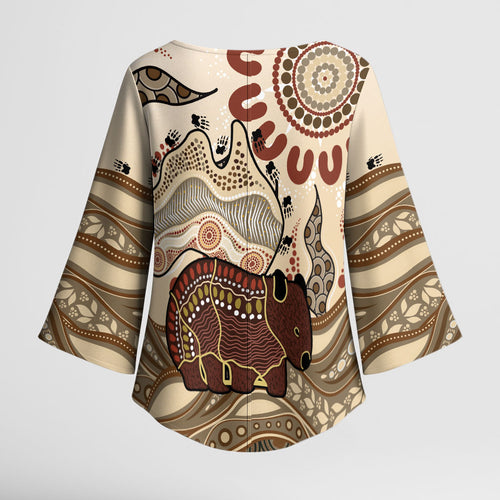 Australia Wombat Kimono Sleeve Blouse Aussie Map Aboriginal Pattern