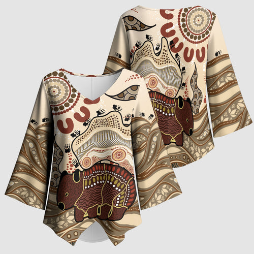 Australia Wombat Kimono Sleeve Blouse Aussie Map Aboriginal Pattern