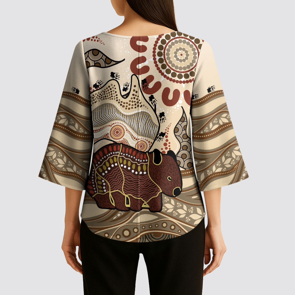 Australia Wombat Kimono Sleeve Blouse Aussie Map Aboriginal Pattern