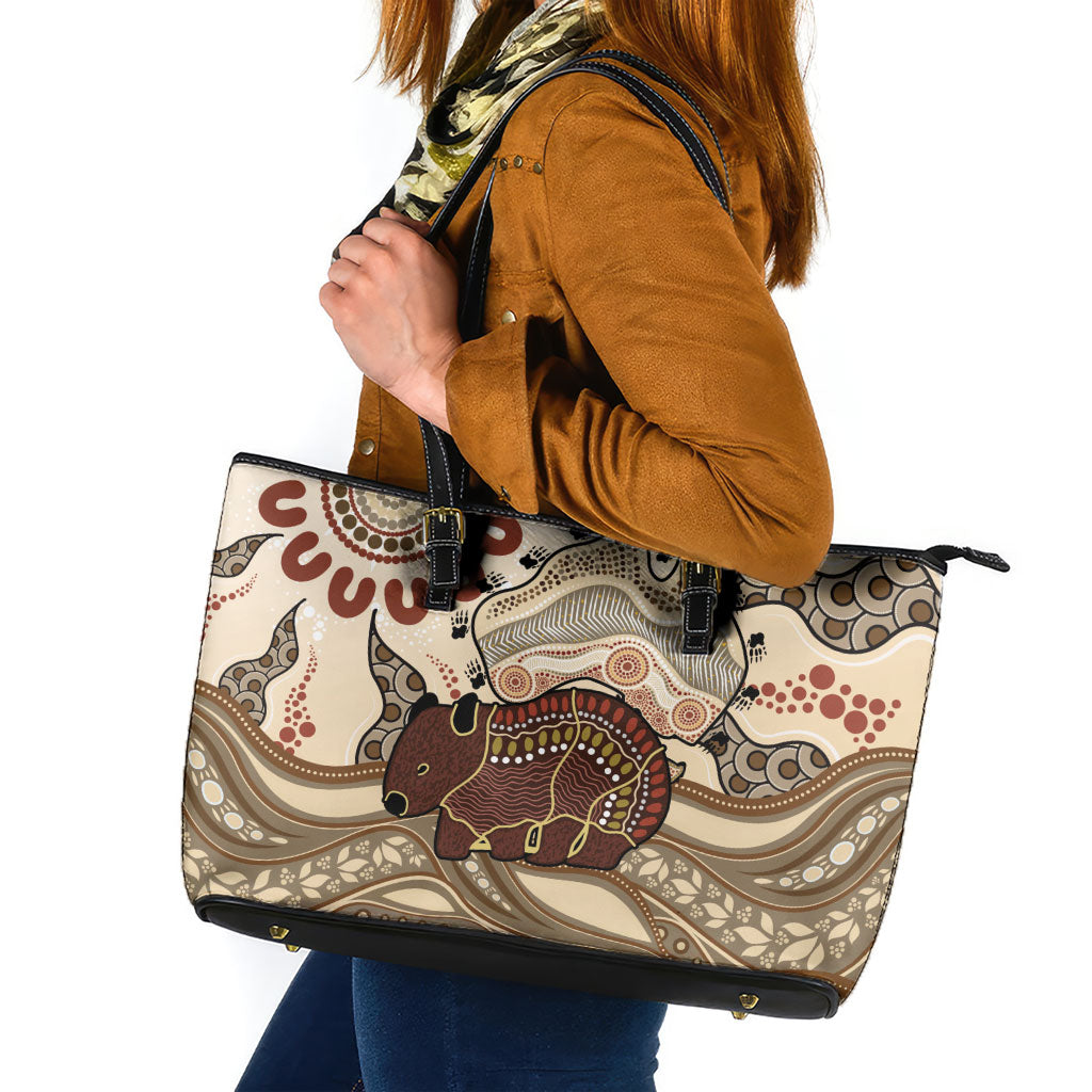 Australia Wombat Leather Tote Bag Aussie Map Aboriginal Pattern