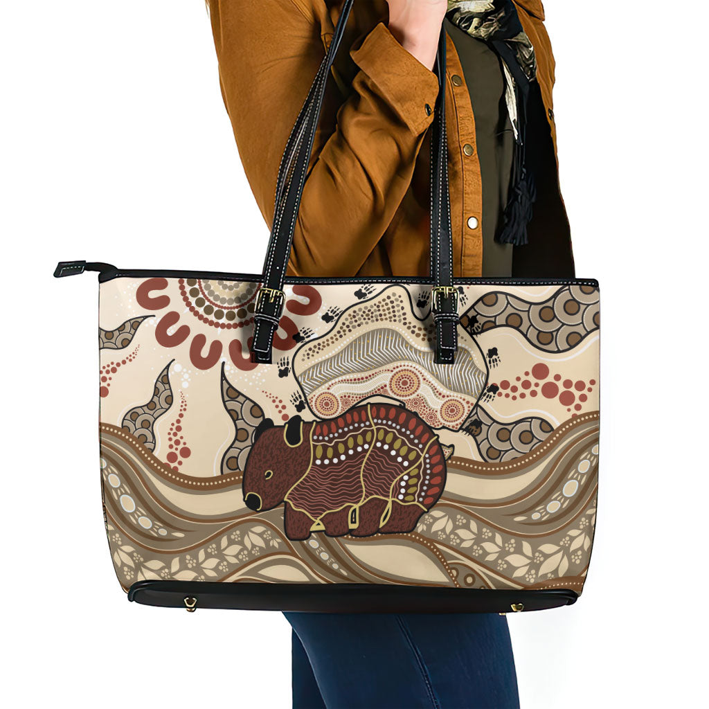 Australia Wombat Leather Tote Bag Aussie Map Aboriginal Pattern