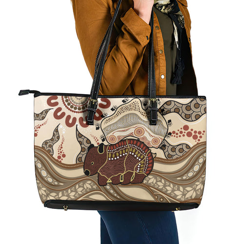 Australia Wombat Leather Tote Bag Aussie Map Aboriginal Pattern