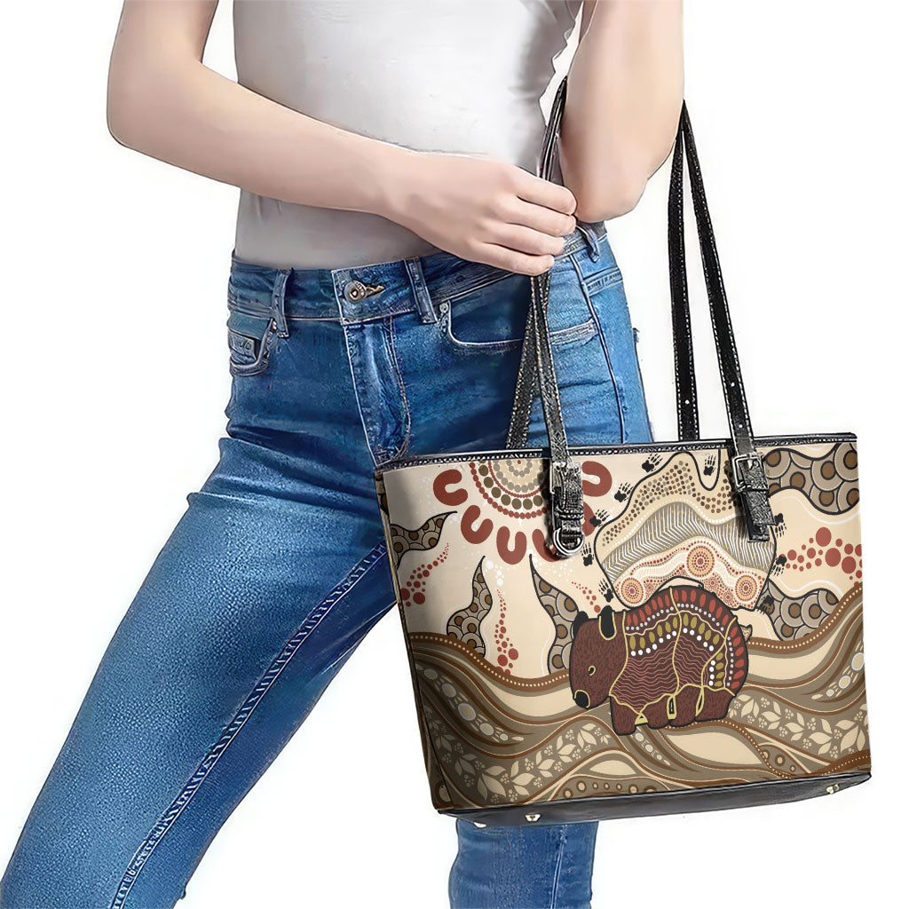 Australia Wombat Leather Tote Bag Aussie Map Aboriginal Pattern