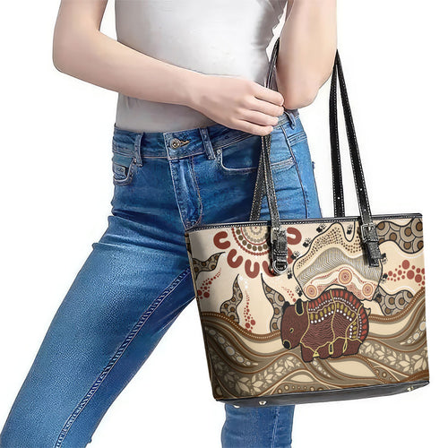 Australia Wombat Leather Tote Bag Aussie Map Aboriginal Pattern