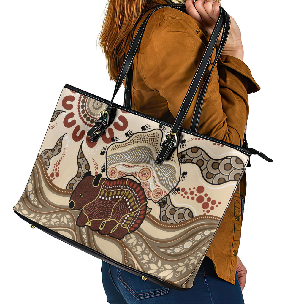 Australia Wombat Leather Tote Bag Aussie Map Aboriginal Pattern