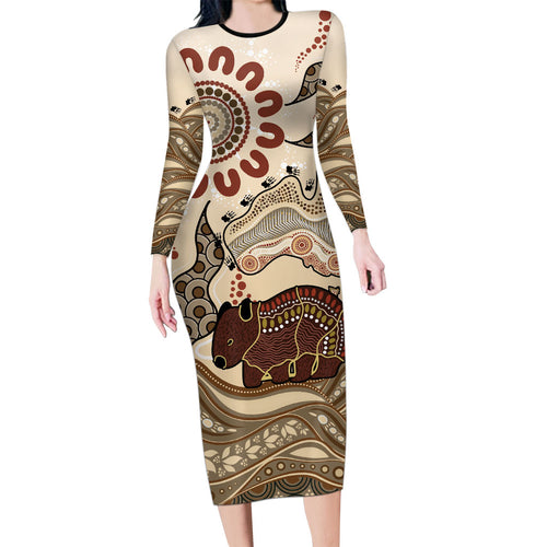 Australia Wombat Long Sleeve Bodycon Dress Aussie Map Aboriginal Pattern