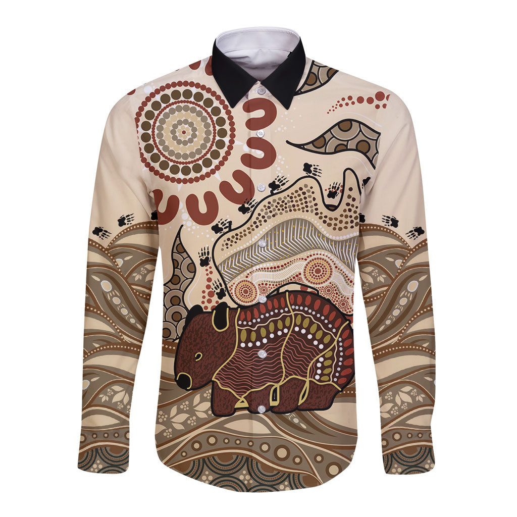 Australia Wombat Long Sleeve Button Shirt Aussie Map Aboriginal Pattern