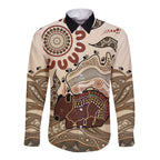 Australia Wombat Long Sleeve Button Shirt Aussie Map Aboriginal Pattern