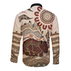 Australia Wombat Long Sleeve Button Shirt Aussie Map Aboriginal Pattern