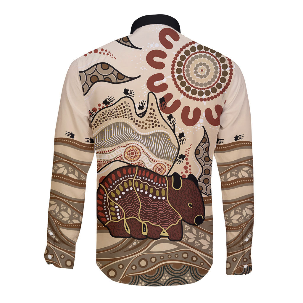 Australia Wombat Long Sleeve Button Shirt Aussie Map Aboriginal Pattern