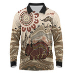 Australia Wombat Long Sleeve Polo Shirt Aussie Map Aboriginal Pattern