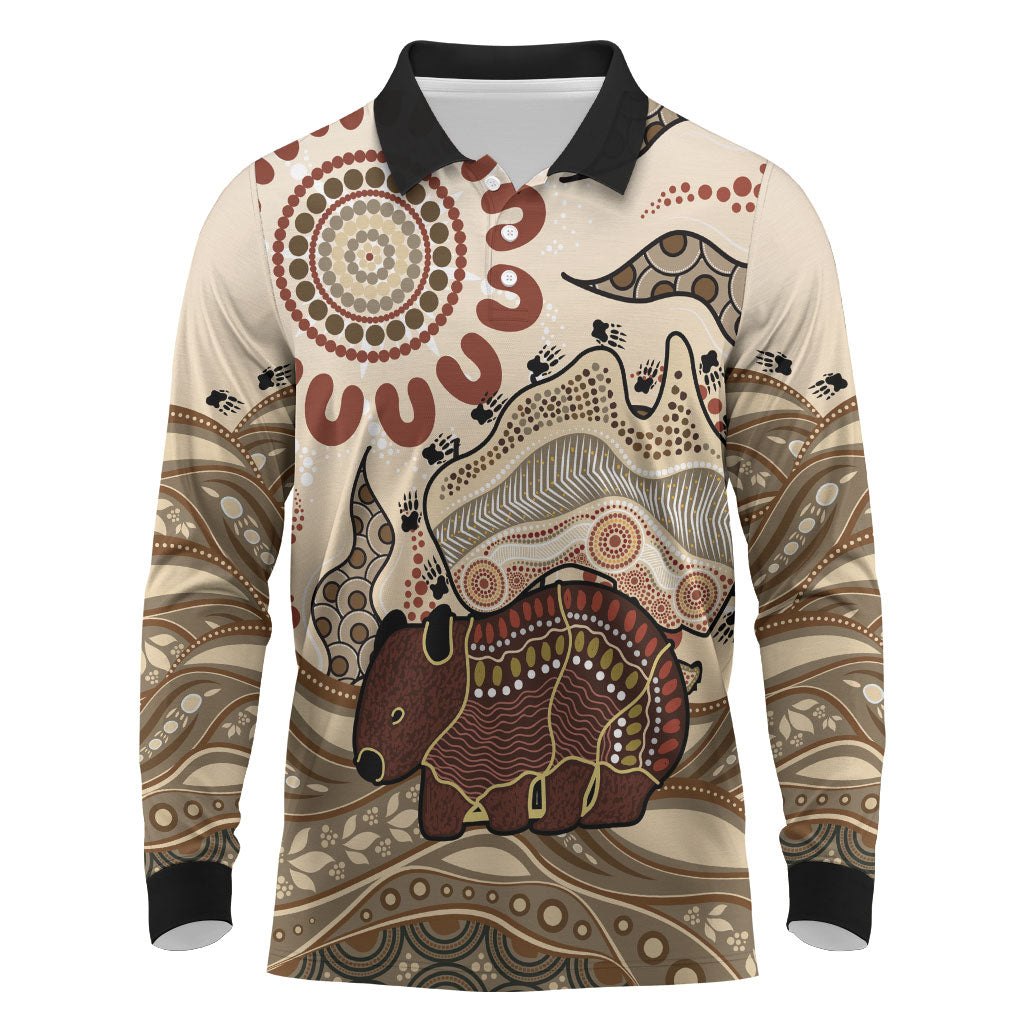 Australia Wombat Long Sleeve Polo Shirt Aussie Map Aboriginal Pattern