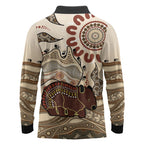 Australia Wombat Long Sleeve Polo Shirt Aussie Map Aboriginal Pattern