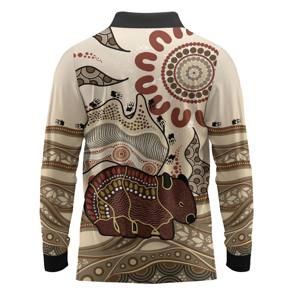 Australia Wombat Long Sleeve Polo Shirt Aussie Map Aboriginal Pattern