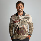 Australia Wombat Long Sleeve Polo Shirt Aussie Map Aboriginal Pattern