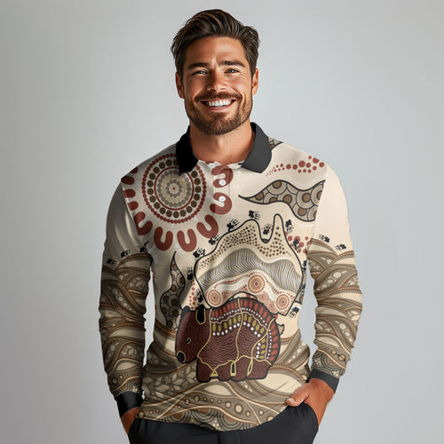 Australia Wombat Long Sleeve Polo Shirt Aussie Map Aboriginal Pattern