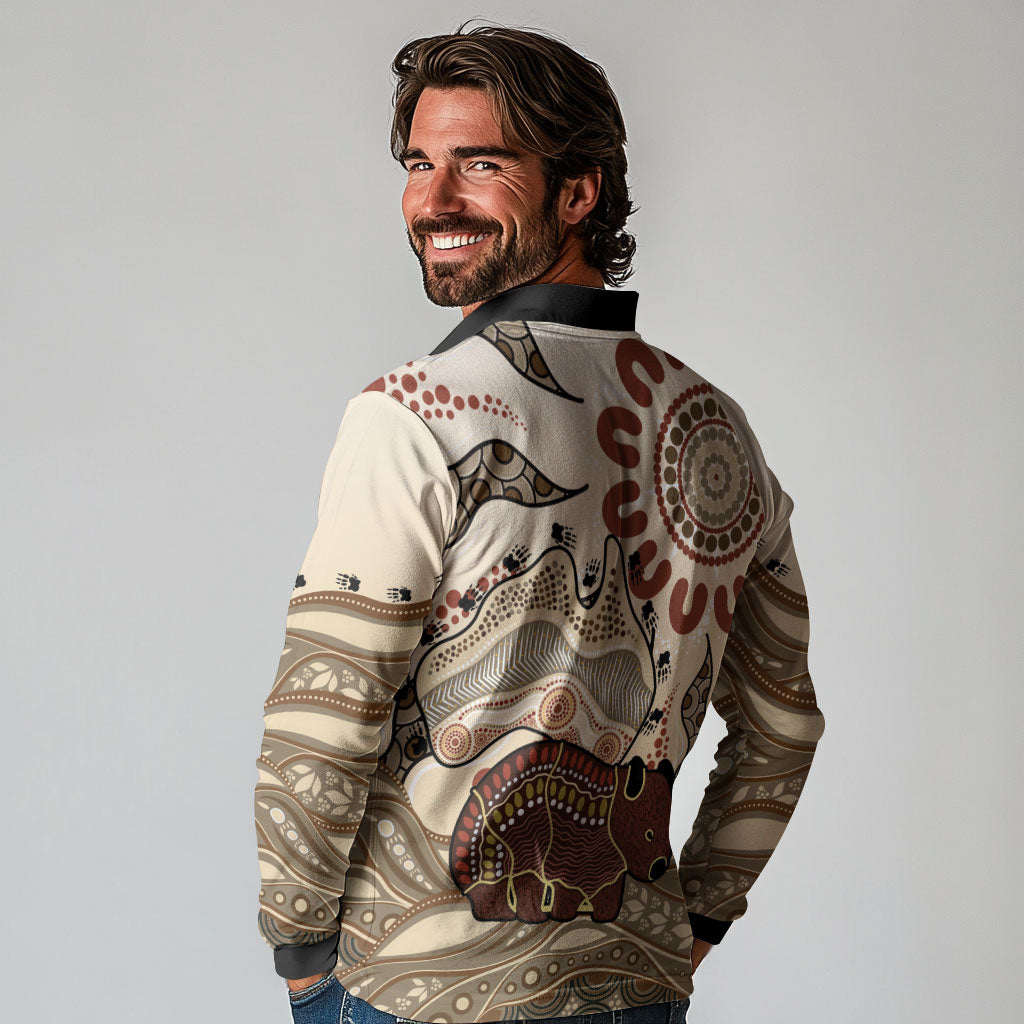 Australia Wombat Long Sleeve Polo Shirt Aussie Map Aboriginal Pattern