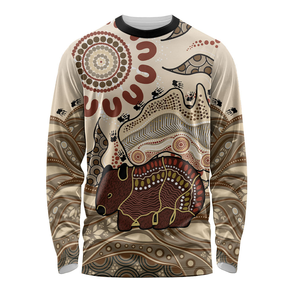 Australia Wombat Long Sleeve Shirt Aussie Map Aboriginal Pattern