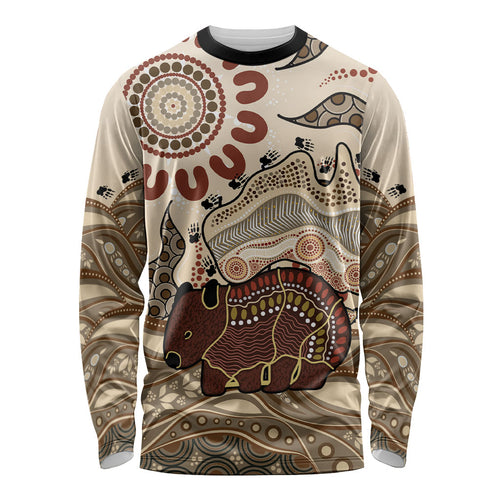 Australia Wombat Long Sleeve Shirt Aussie Map Aboriginal Pattern