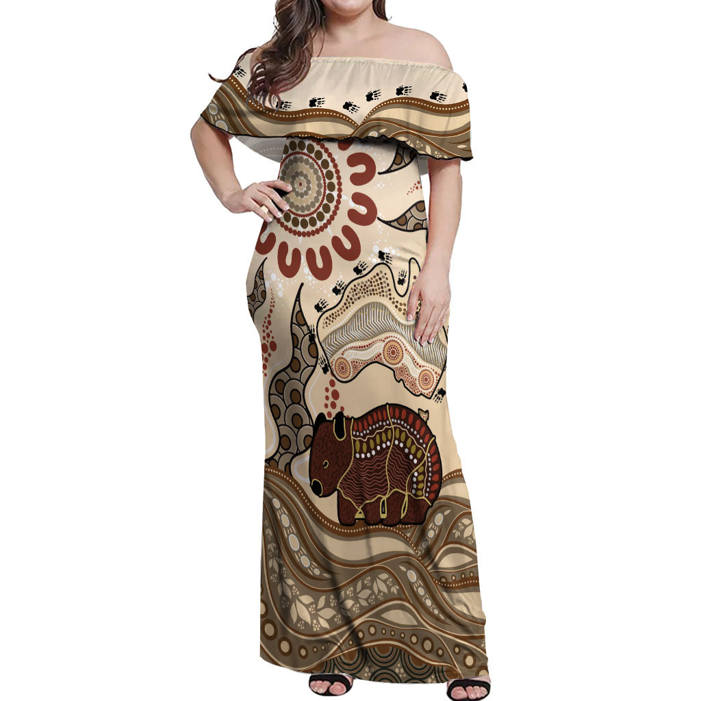 Australia Wombat Off Shoulder Maxi Dress Aussie Map Aboriginal Pattern