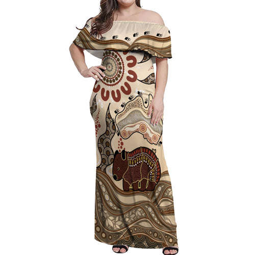 Australia Wombat Off Shoulder Maxi Dress Aussie Map Aboriginal Pattern