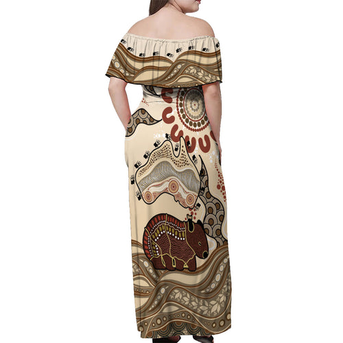 Australia Wombat Off Shoulder Maxi Dress Aussie Map Aboriginal Pattern