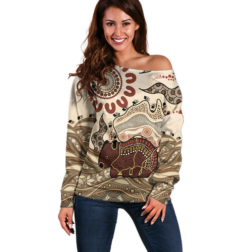 Australia Wombat Off Shoulder Sweater Aussie Map Aboriginal Pattern