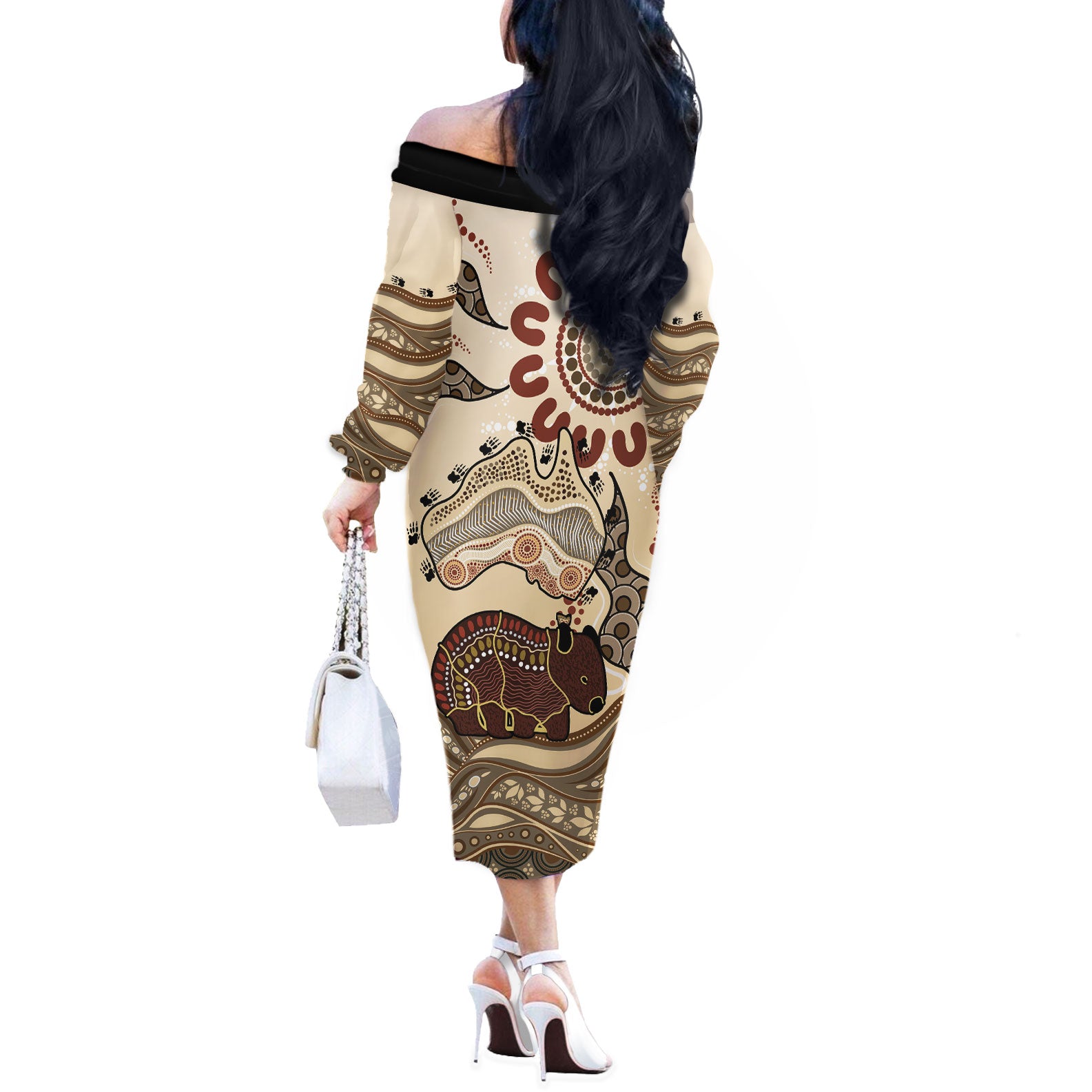 Australia Wombat Off The Shoulder Long Sleeve Dress Aussie Map Aboriginal Pattern