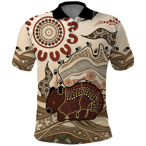 Australia Wombat Polo Shirt Aussie Map Aboriginal Pattern