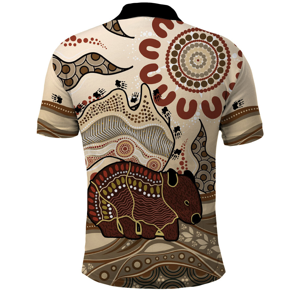Australia Wombat Polo Shirt Aussie Map Aboriginal Pattern