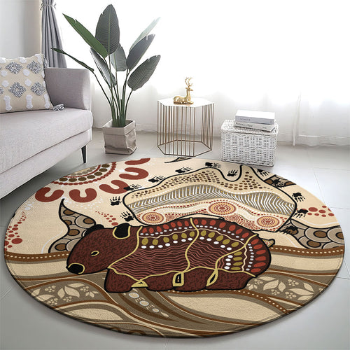 Australia Wombat Round Carpet Aussie Map Aboriginal Pattern