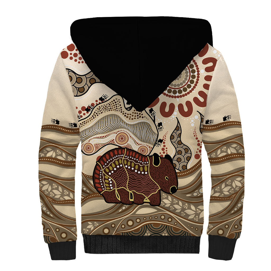 Australia Wombat Sherpa Hoodie Aussie Map Aboriginal Pattern
