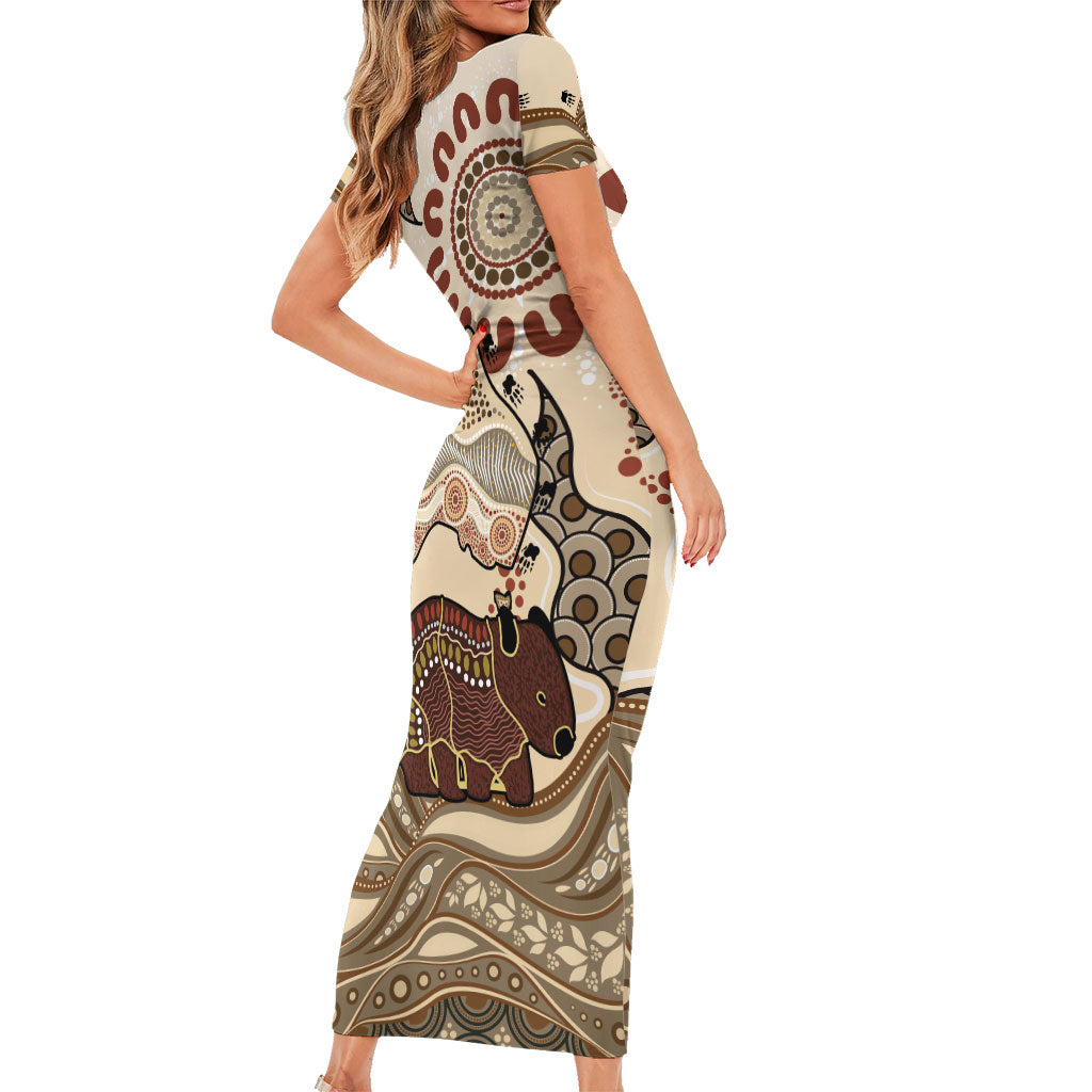 Australia Wombat Short Sleeve Bodycon Dress Aussie Map Aboriginal Pattern