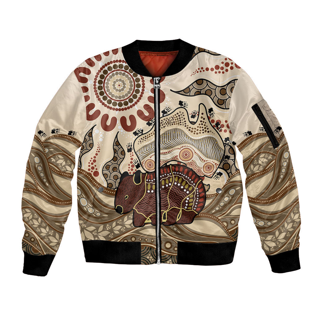 Australia Wombat Sleeve Zip Bomber Jacket Aussie Map Aboriginal Pattern