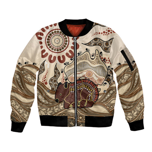 Australia Wombat Sleeve Zip Bomber Jacket Aussie Map Aboriginal Pattern